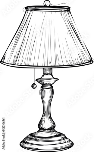 Detailed black and white sketch of a classic table lamp illustration. Vector illustration