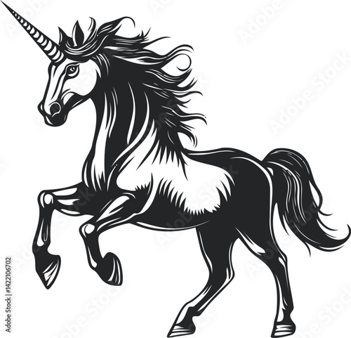 Elegant black and white unicorn illustration with flowing mane and tail. Vector illustration