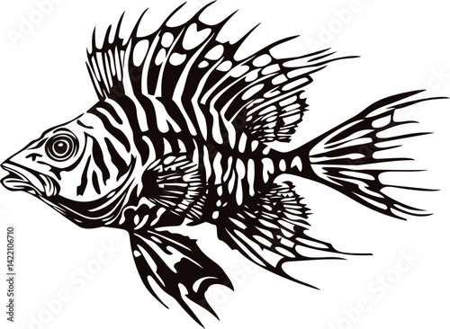 Detailed black and white lionfish illustration with intricate patterns. Vector illustration