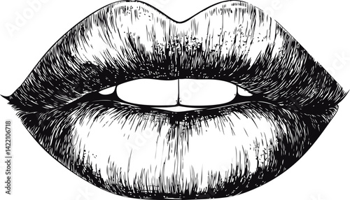 Black and white sketch of detailed human lips, artistic expression illustration. Vector illustration
