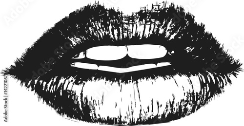 Black and white detailed sketch of lips with teeth showing, artistic expression. Vector illustration