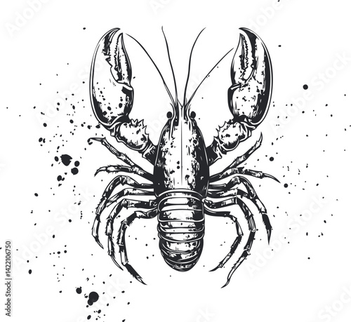Detailed black and white illustration of a lobster with ink splatter effect. Vector illustration