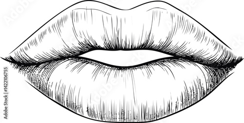 Black and white sketch of detailed lips with fine lines, artistic illustration. Vector illustration