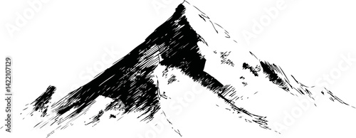 Black and white sketch of a mountain peak with sharp edges and shadows. Vector illustration