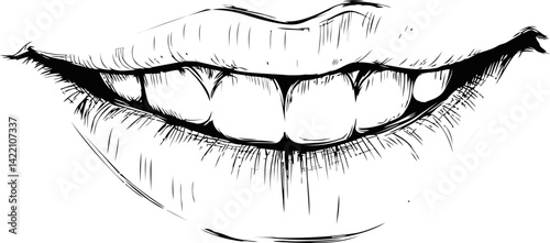 Detailed sketch of a smiling mouth showing teeth in black and white illustration. Vector illustration