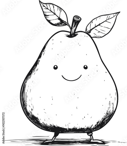 Smiling humanized pear with leaves in black and white line art illustration. Vector illustration
