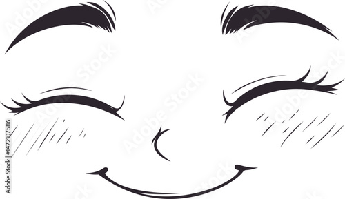 Smiling cartoon face with closed eyes and blushing cheeks, simple line art. Vector illustration