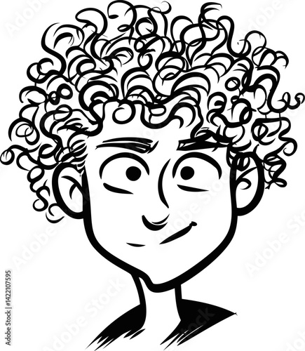 Line art illustration of a curly-haired smiling cartoon character, whimsical style. Vector illustration