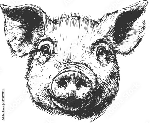 Detailed black and white sketch of a smiling pig's face with expressive eyes. Vector illustration