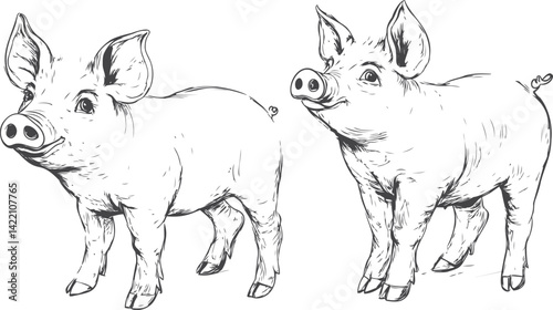 Illustration of two happy piglets sketched in black and white style. Vector illustration