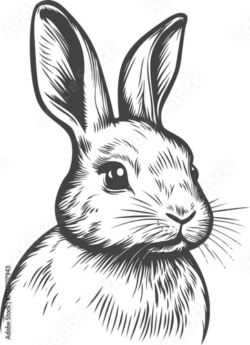 Detailed black and white rabbit sketch with intricate shading and texture. Vector illustration