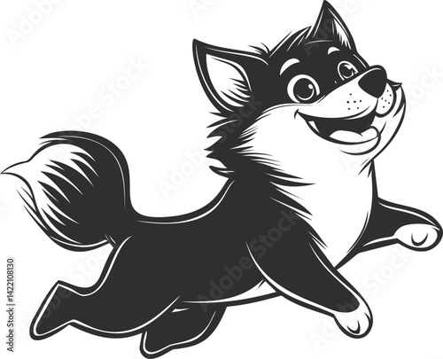 Happy cartoon dog running with joyful expression in black and white illustration. Vector illustration