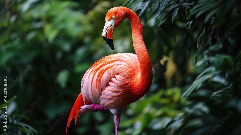 Fototapeta premium A vibrant pink flamingo stands gracefully in a lush green environment