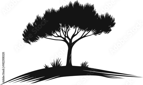 Silhouette of a lone tree on hilltop against. Vector illustration