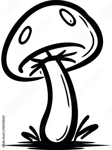 Black and white line drawing of a mushroom with grass detail. Vector illustration