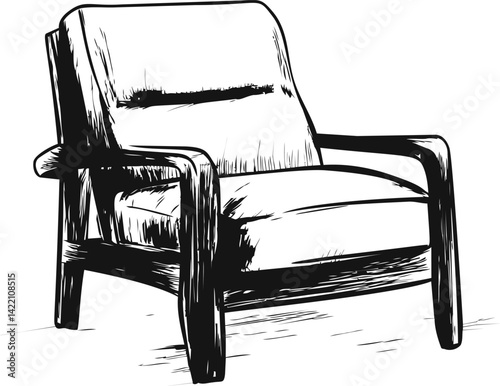 Sketch of a cozy armchair in black and white line art illustration. Vector illustration