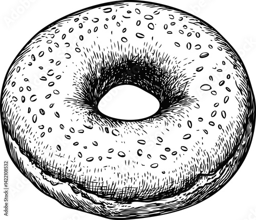 Detailed black and white donut sketch with sesame seeds illustration. Vector illustration