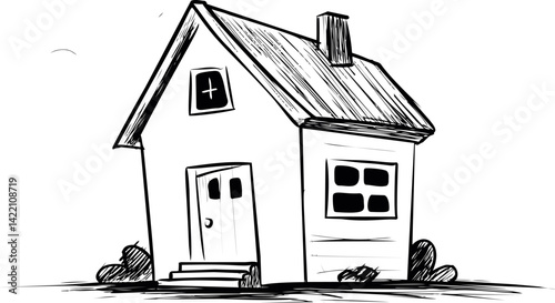 Black and white sketch of a simple house with chimney and surrounding bushes. Vector illustration