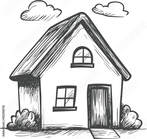 Simple monochrome sketch of a cottage with a garden and clouds in the sky. Vector illustration