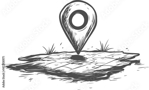 Illustration of a map location pin on a textured ground in black and white. Vector illustration
