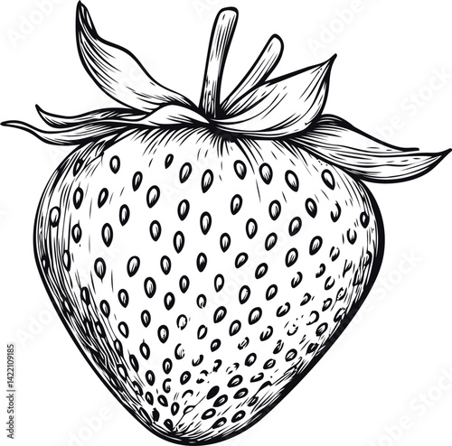 Detailed black and white drawing of a ripe strawberry with leaves, vintage style. Vector illustration