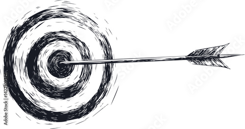 Arrow hitting the bullseye of a black and white target, sketch illustration. Vector illustration