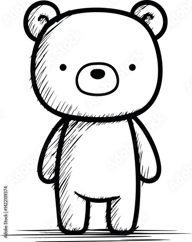 Black and white sketch of a cute standing teddy bear, cartoon drawing. Vector illustration