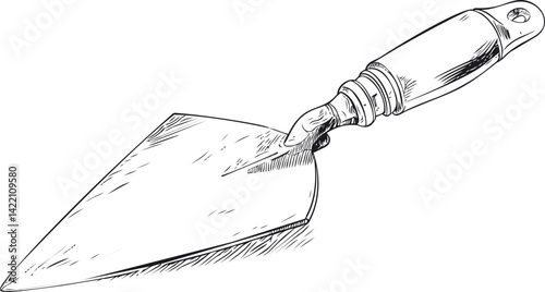 Hand-drawn illustration of a masonry trowel with a wooden handle. Vector illustration