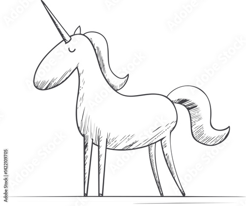 Line drawing of a smiling unicorn with flowing mane and tail, cartoon style. Vector illustration