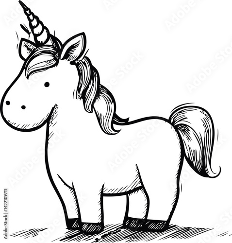 Black and white sketch of a cartoon unicorn with whimsical expression. Vector illustration