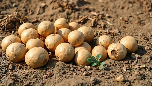 Freshly Harvested Potatoes on Earthy Ground, Ready for Harvest