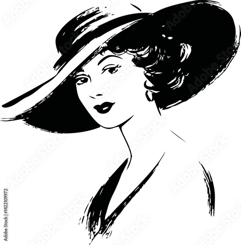 Stylish illustration of a woman in a wide-brimmed hat, black and white art. Vector illustration
