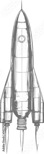 Monochrome sketch of a vintage spaceship with pointed nose, concept art illustration. Vector illustration