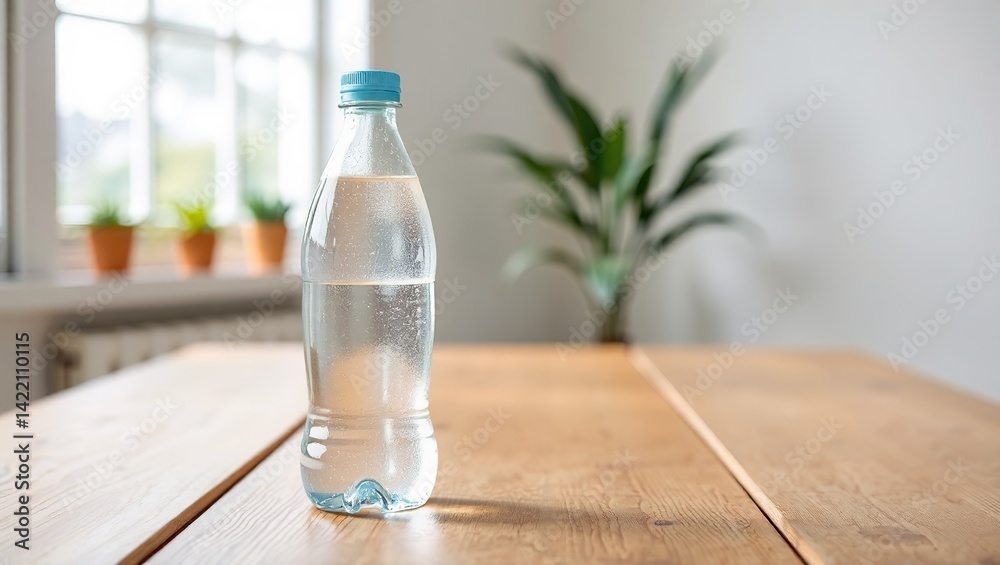Empty Mineral Water Bottle on Rustic Wooden Table, Product Photography, Empty Space Empty Mineral Water Bottle on Rustic Wooden Table, Product Photography, Empty Space
