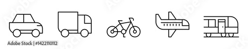 Conjunto de iconos de transporte. automóvil, camión, bicicleta, avión, tren. Ilustración vectorial