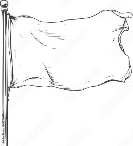 Illustrated black and white blank flag waving on a pole, minimalistic concept. Vector illustration