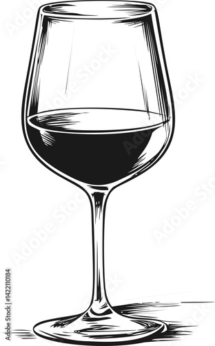 Sketch of a wine glass filled with red wine in black and white illustration. Vector illustration