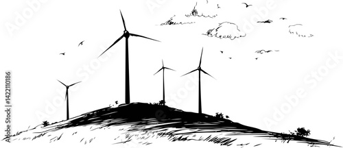 Wind turbines spinning on a hilly landscape with birds and clouds, black and white sketch. Vector illustration