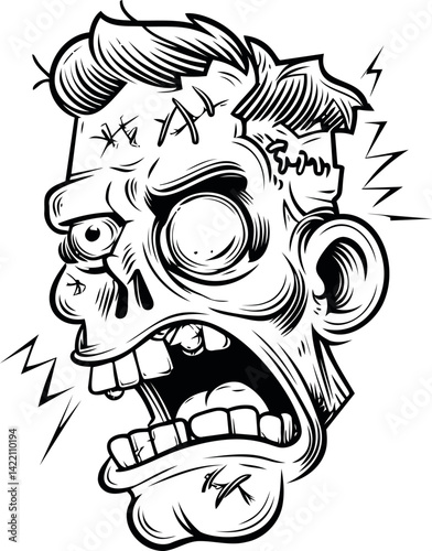 Monochrome cartoon style drawing of a screaming zombie head with facial scars. Vector illustration