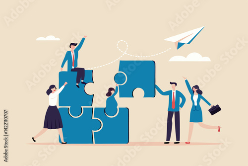 Employee engagement improve involvement or encourage employee success together, increase value and workplace motivation concept, happy business people, employees help complete jigsaw in their office.