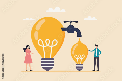Sharing idea or knowledge sharing, transfer information or wisdom to employees or colleagues, creativity or innovation, learning new skills concept, business people transfer idea to new lightbulb.