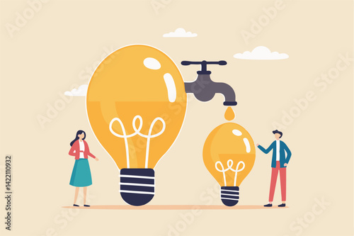 Sharing idea or knowledge sharing, transfer information or wisdom to employees or colleagues, creativity or innovation, learning new skills concept, business people transfer idea to new lightbulb.