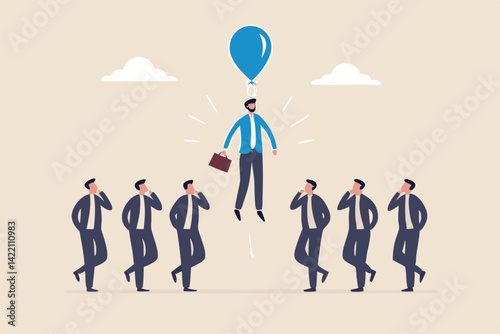 Differentiate from competitors, stand out or much better from others, difference, unique or outstanding concept, initiative businessman flying with balloon stand out from other same competitors.