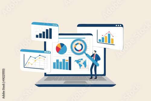 Market research data analysis, analyze business data or financial report, SEO analytics or profit and earning concept, businessman analyst with magnifier analyze data on computer laptop dashboard.