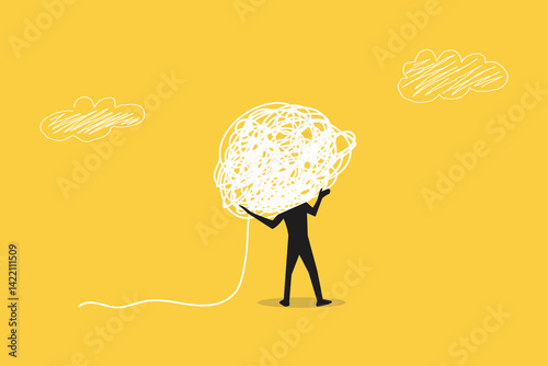 Businessman carrying heavy messy line on his back. concept of Stress burden, anxiety from work difficulty and overload, problem in economic crisis or pressure from too much responsibility