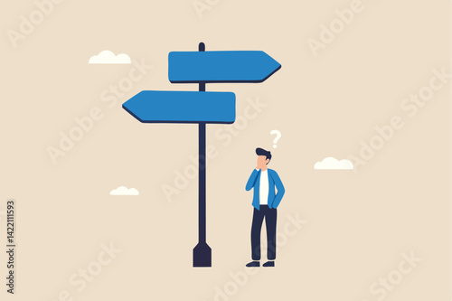 Choosing between 2 choices, make decision to the left or right, thinking in difficult situation, confusion concept, businessman thinking with question mark choose between 2 direction with copy space.