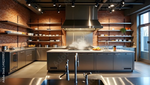 Industrial kitchen with stainless steel and exposed brick.