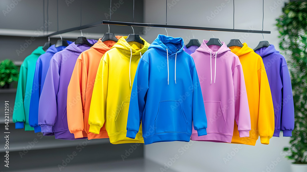 Colorful Hoodies Hanging on a Rack in a Clothing Store Colorful Hoodies Hanging on a Rack in a Clothing Store