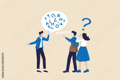 Jargon, communicate with technical word or hard to understand language, complicated conversation, difficult to explain, businessman talk with jargon word in speech bubble dialog make other confused.