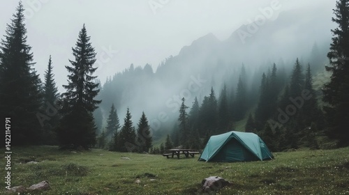 Misty mountain landscape with camping tent.